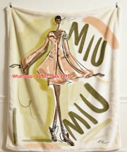 Miu Miu Peach & Olive Green Watercolor Fashion Sketch Flannel Throw Blanket IMG_0577